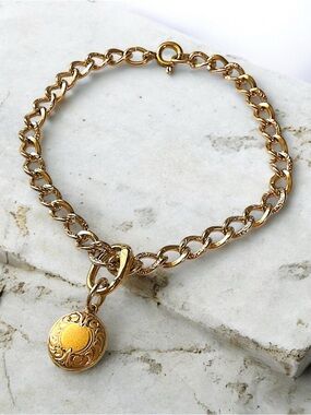 Vintage Gold Filled Etched Chain Link Locket Bracelet 7”